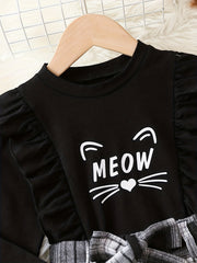 Baby Girls Cat Face Top & Plaid Skirt Set
