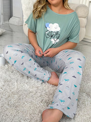 Cartoon Clouds Print Tee & Pants Pajama Set