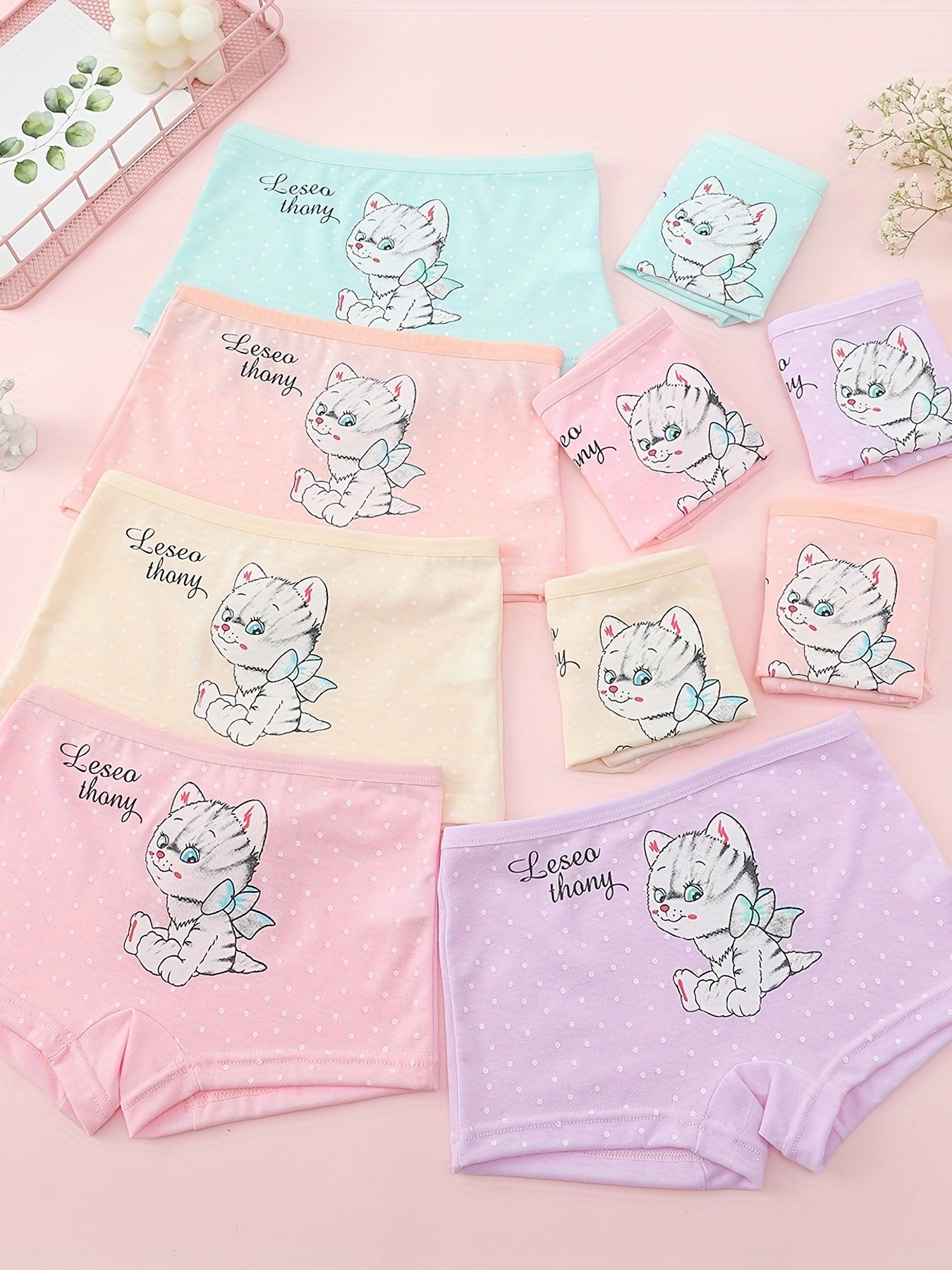 10pcs Toddler Girls Cat & Polka Dot Shortie Brief Underwear