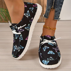 Colorful Butterfly Pattern Canvas Shoes Lightweight Lace Up Flats