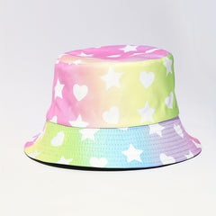Gradient Pink Bucket Hat Star Heart Print Lightweight Sunscreen Fisherman Cap