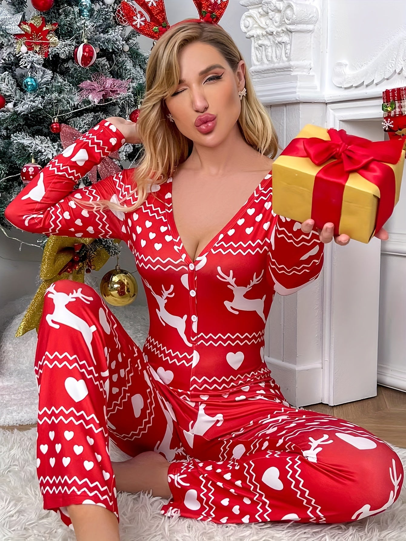 Christmas Deer Pajama Set V Neck Long Sleeve Top & Elastic Waistband Pants
