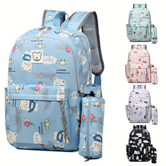 Bear Print Large Capacity Preppy Backpack Pencil Case Pendant Set