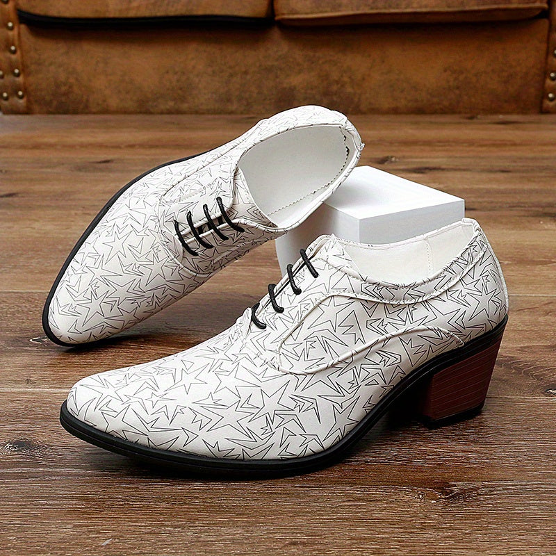 Men's Star Print Lace up Casual Shoes Rubber Sole High Heels Dress