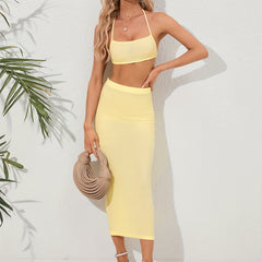 Sexy Two-piece Set Crop Tie Halter Top & Hip Pencil Skirt