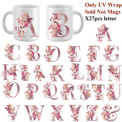 Letter Flower UV DTF Cup Stickers Mauve Foil Floral Alphabet Self Adhesive