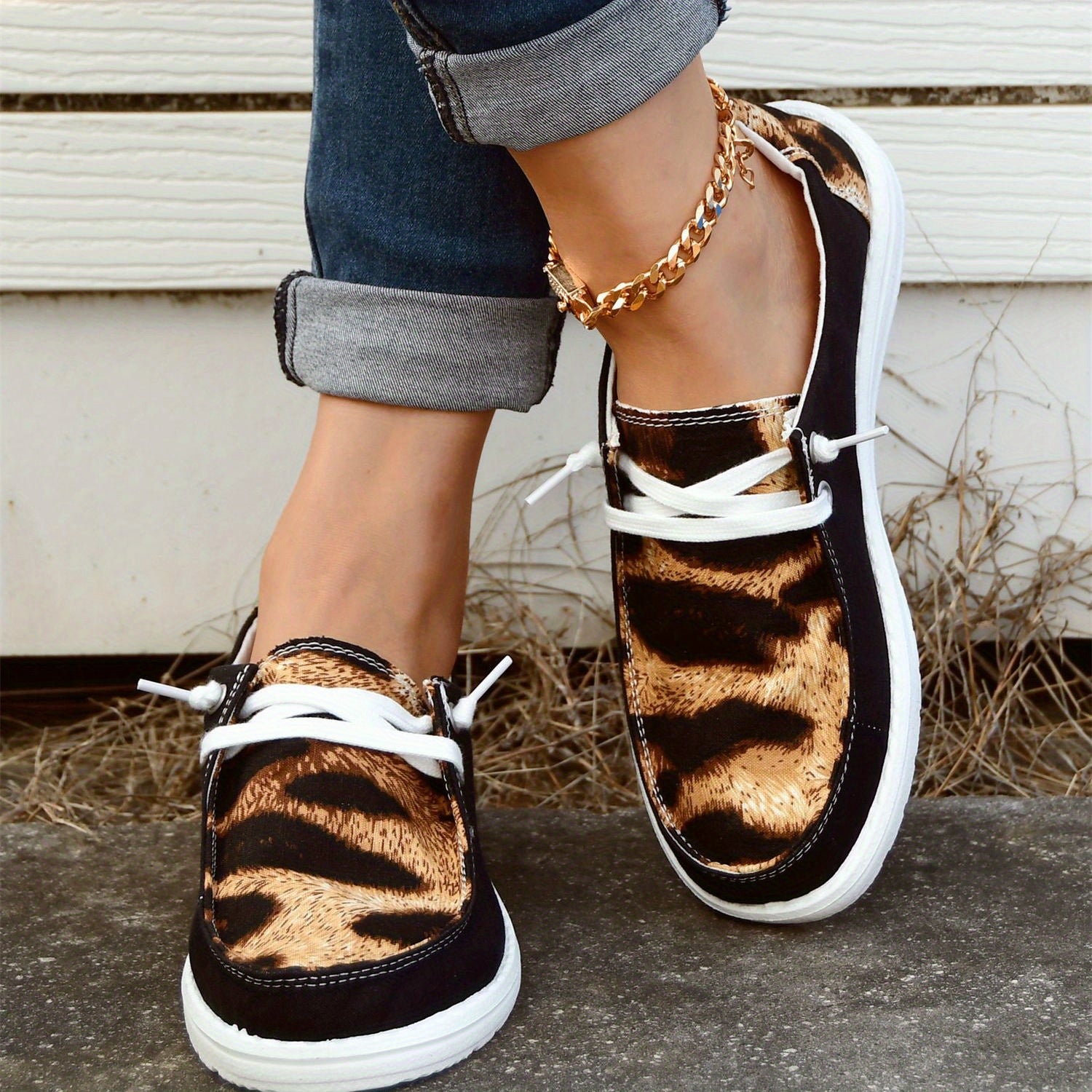 Leopard Print Boat Shoes Lace Up Low Top Casual Walking Shoes