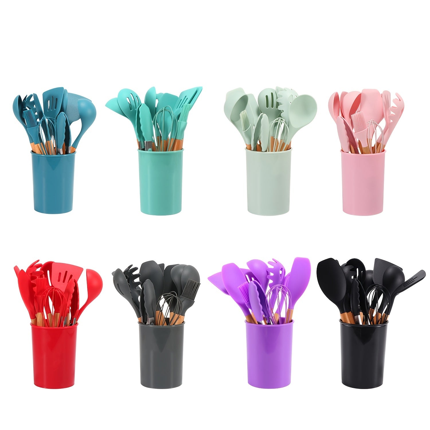 Set of 12 Kitchen Silicone Kitchenware with Beech Wooden Handle