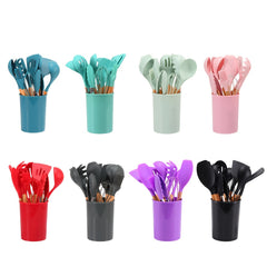 Set of 12 Kitchen Silicone Kitchenware with Beech Wooden Handle