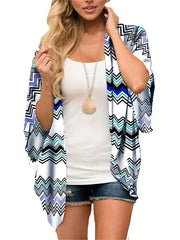 V Neck Print Cover Up Shirt Loose Fit Long Sleeves Women's Beachwear