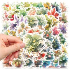 50pcs Watercolor Style Plant Series Stickers for Laptop Helmets, Water Cup