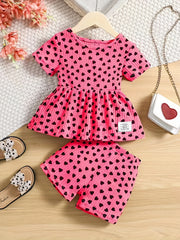 Girls Heart Graphic Peplum Crew Neck T Shirt Top & Shorts Set
