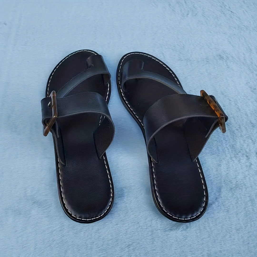 Women's Flat Slide Shoes Toe Loop Buckle Strap Slip On Shoes
