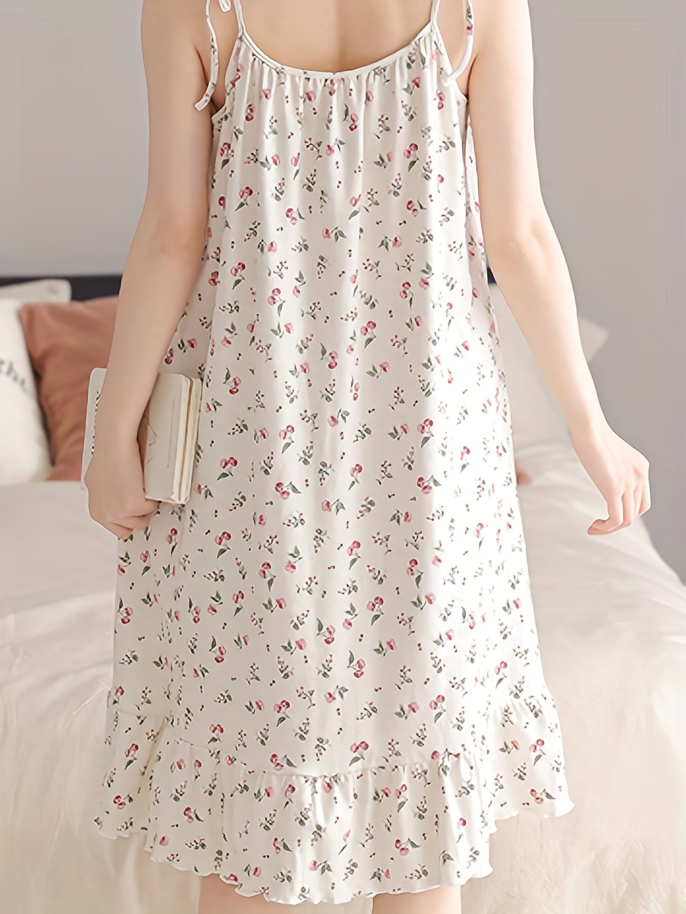 Floral Print Slip Nightdress Lace Up Ruffle Sleep Dress Women's Sleepwear