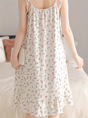 Floral Print Slip Nightdress Lace Up Ruffle Sleep Dress Women's Sleepwear