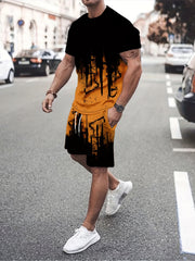 Men's Block Pattern Print 2-Piece Outfit Short Sleeve T-Shirt and Shorts Set