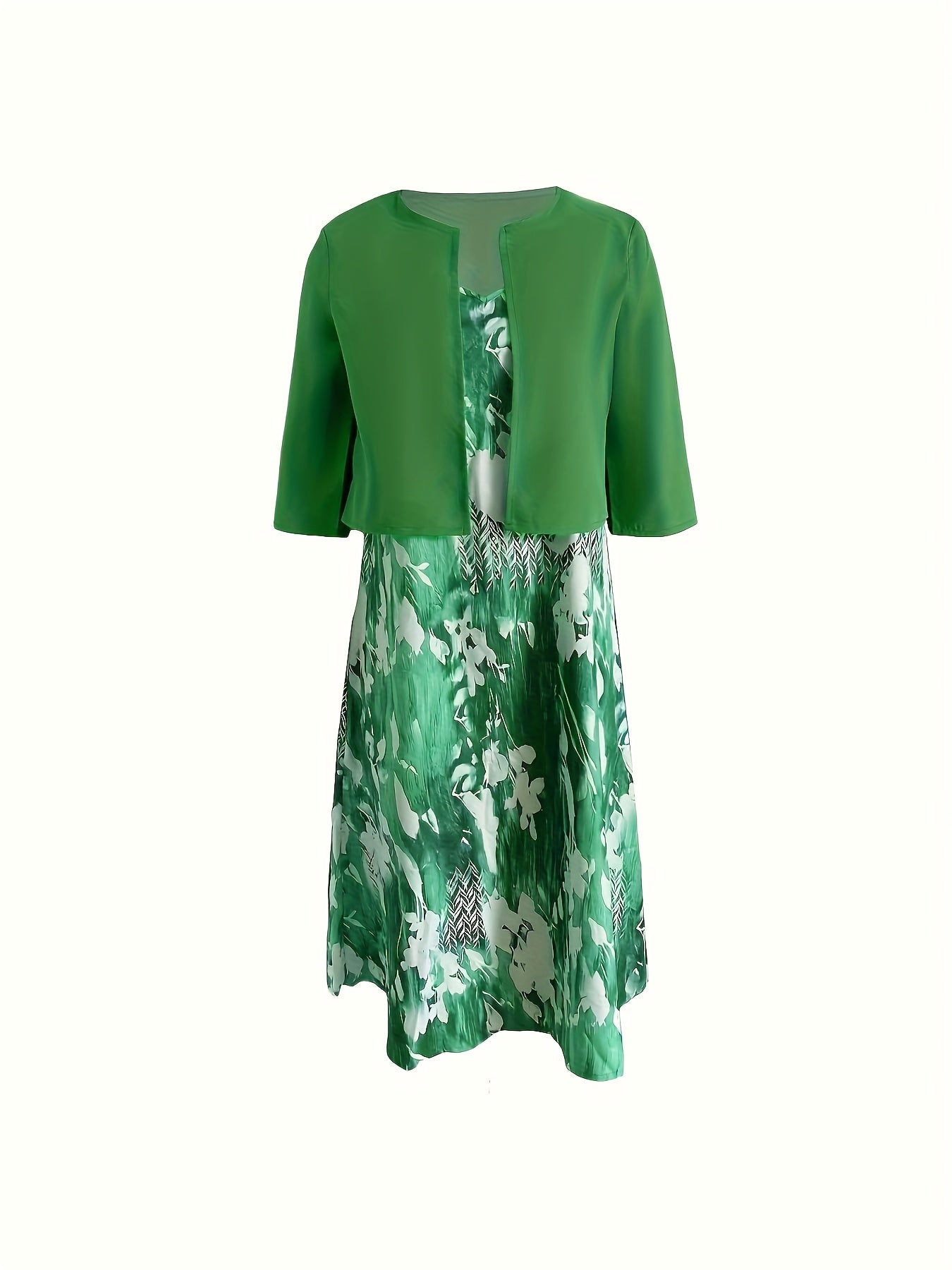 Casual 2pc Set: Solid Open Front Cardigan & Floral V Neck Dress