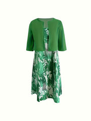 Casual 2pc Set: Solid Open Front Cardigan & Floral V Neck Dress
