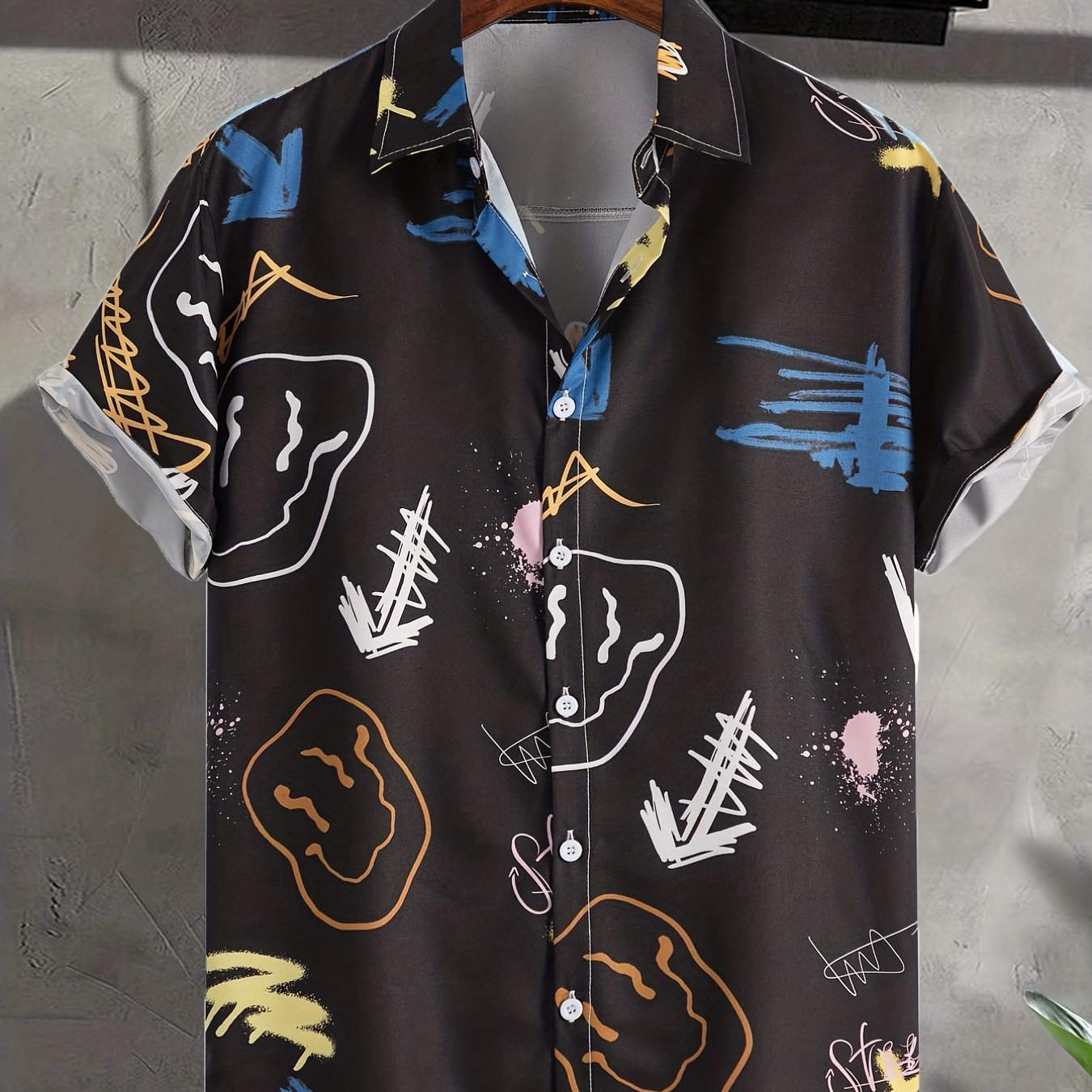 Smile Face Graphic Print Men's Casual Lapel T-shirt