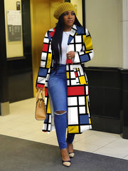 Y2K Geo Print Lapel Long Coat Women's Outerwear