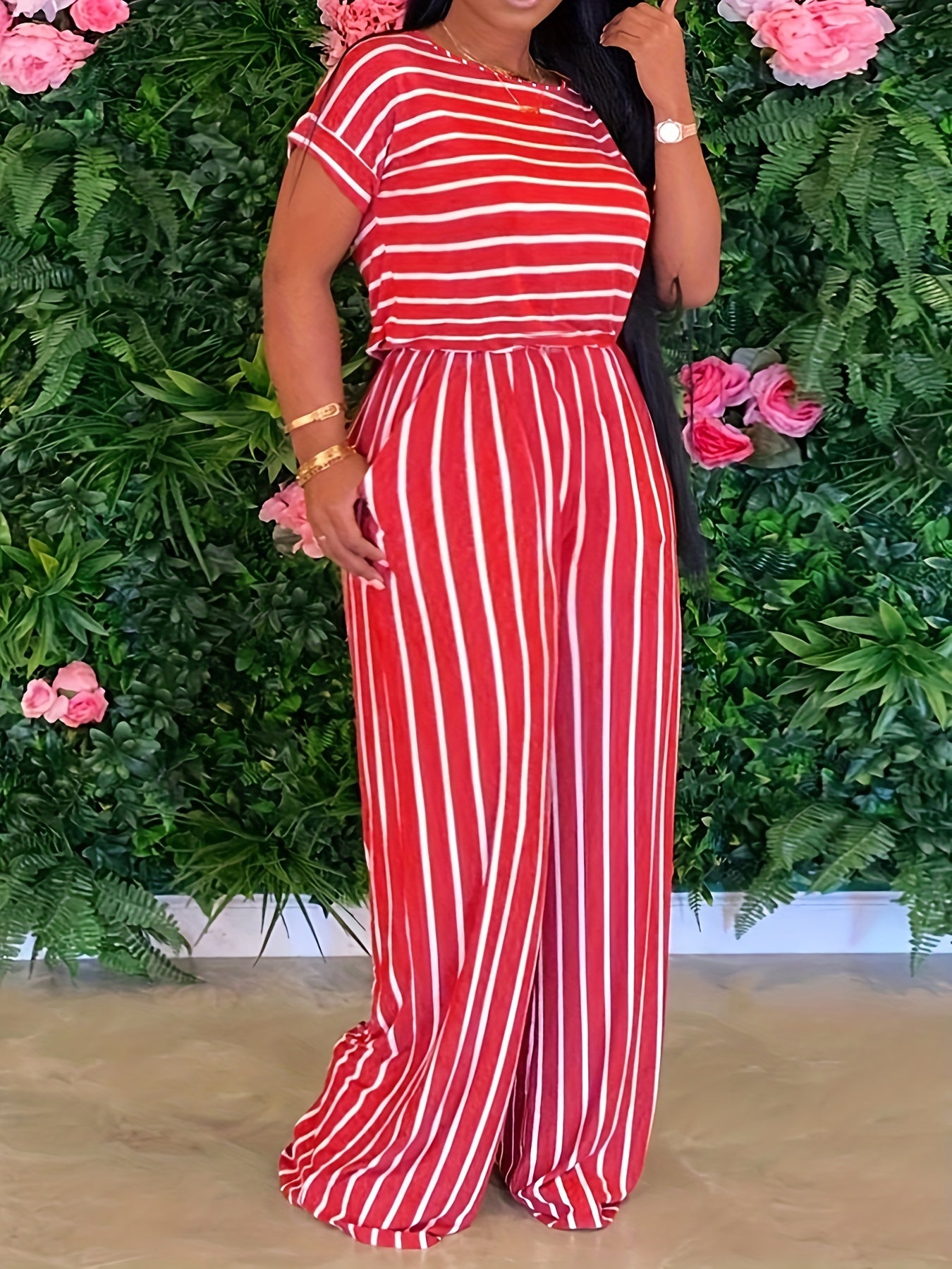 Striped Print Two piece Set Casual Short Sleeve T shirt & Wide Leg Pants