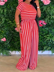 Striped Print Two piece Set Casual Short Sleeve T shirt & Wide Leg Pants