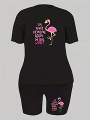 Casual Outfit Set Women's Slogan & Flamingo Print Crop Top & Shorts