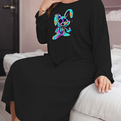 Gothic Lounge Dress Women's Plus Rabbit Print Long Sleeve Tee Dress