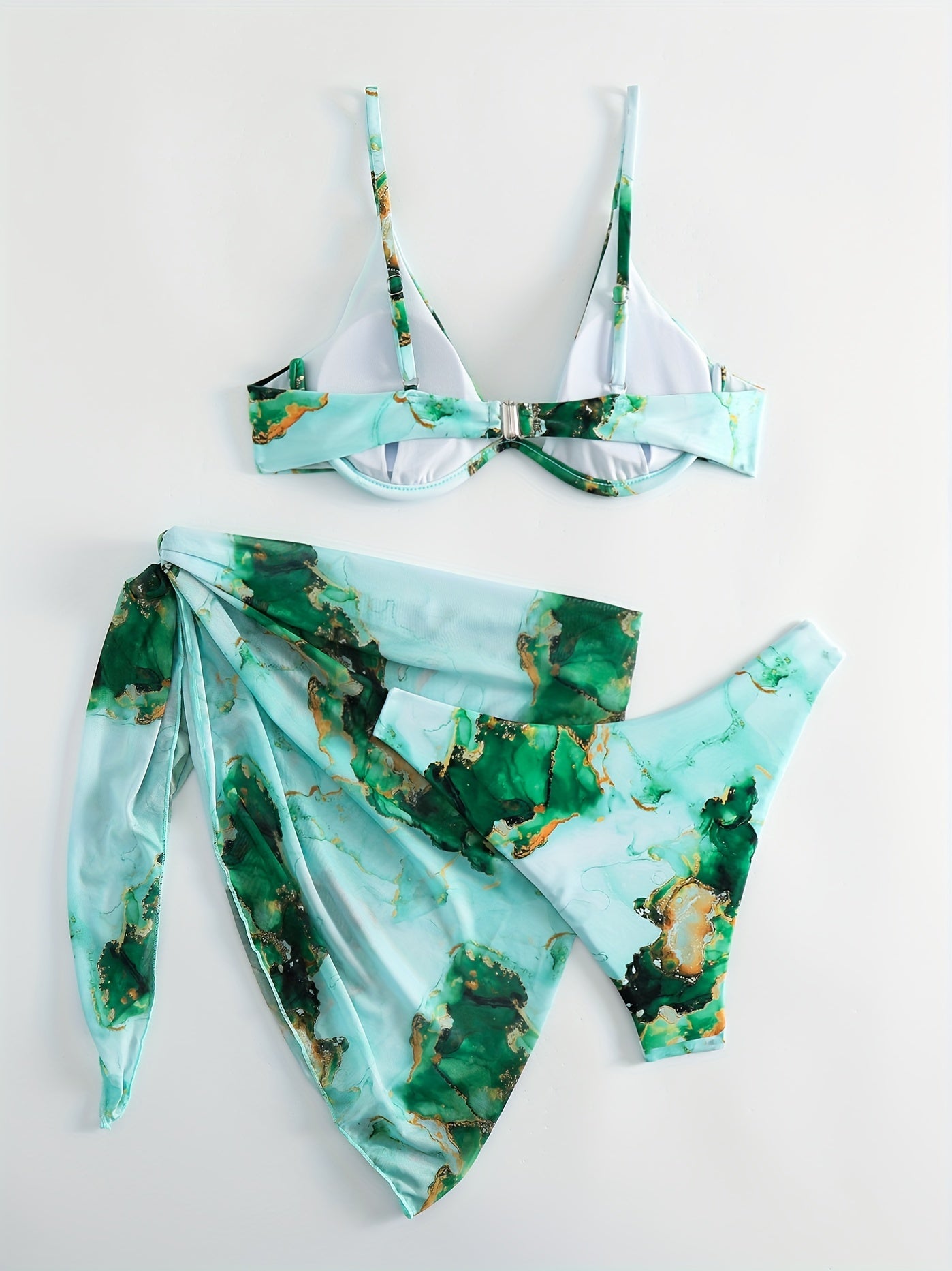 Marble Print Bikini Set with Wrap, Beachwear 3 Piece