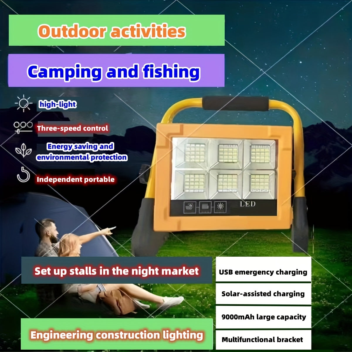 9000mAh Solar Charging Emergency Working Light Handle High Brightness