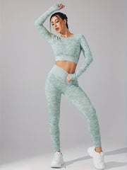 2pcs Slim Fit Yoga Sports Set Solid Long Sleeve Crop Tops & High Waist