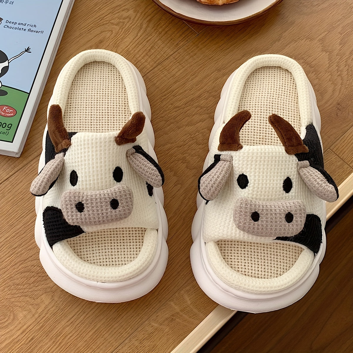 Cartoon Cow Indoor Slippers Open Toe Linen Platform Shoes