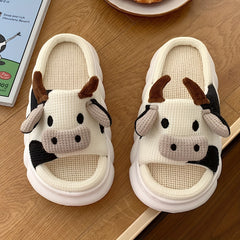 Cartoon Cow Indoor Slippers Open Toe Linen Platform Shoes