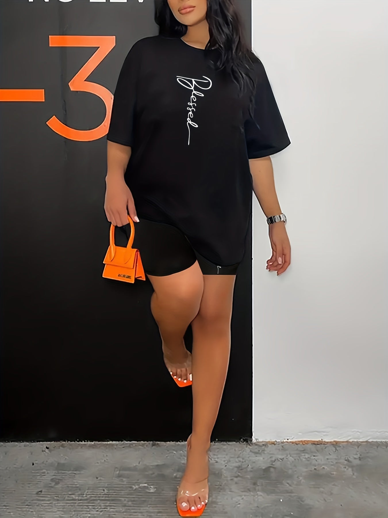 Letter Print Matching Two piece Set Casual Short Sleeve T shirt & Biker Shorts