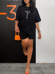 Letter Print Matching Two piece Set Casual Short Sleeve T shirt & Biker Shorts