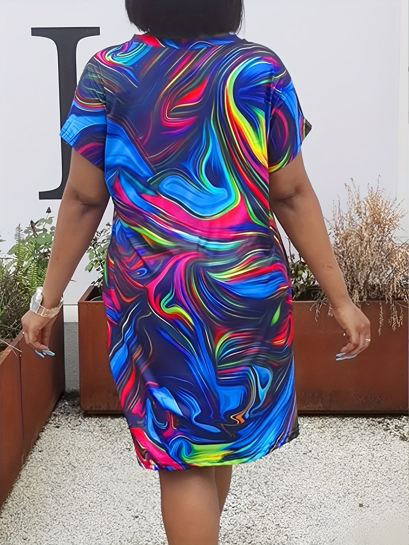Women's Plus Painting Print V Neck Dress with Pockets