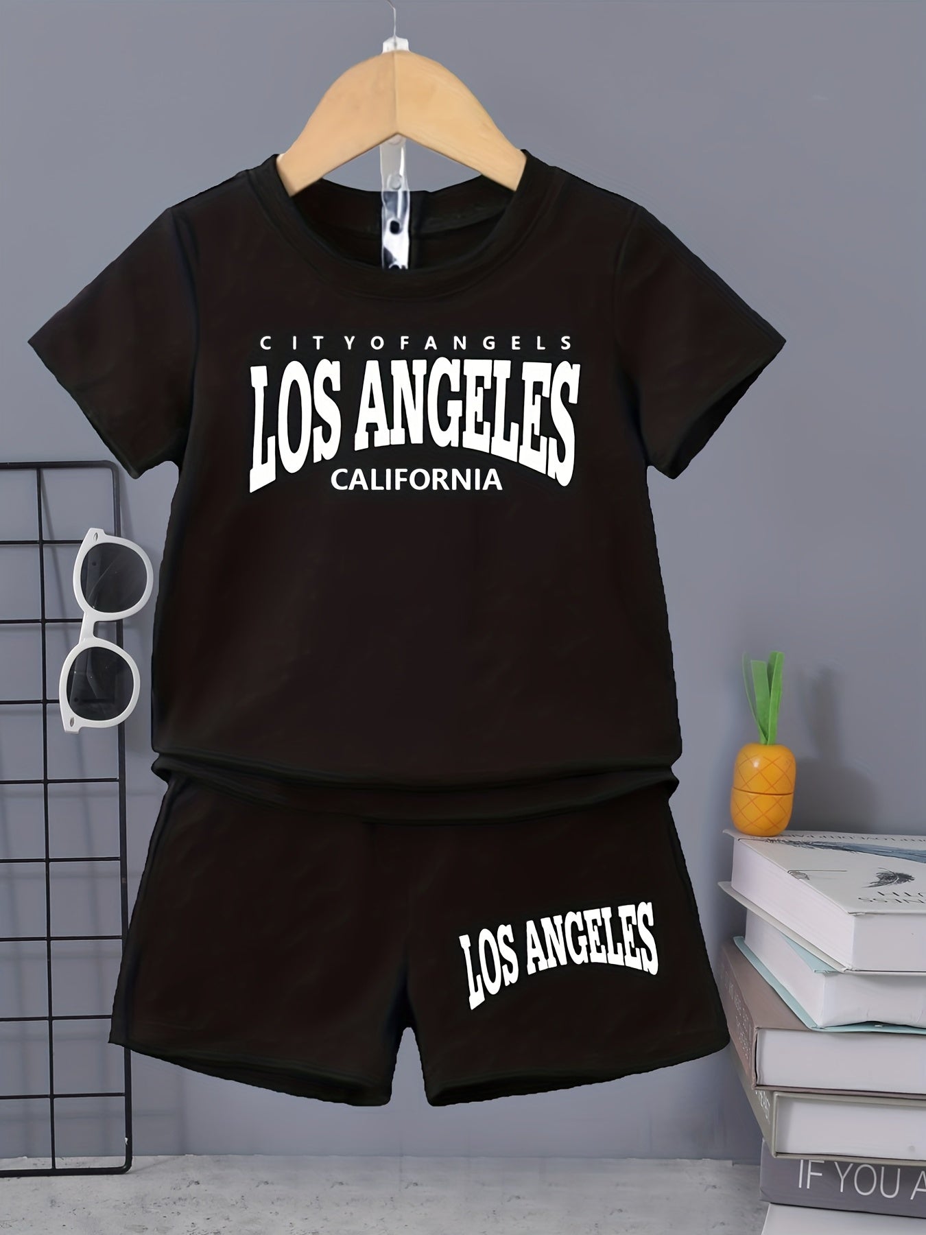 2pcs Boys Casual Short Sleeve Suit Comfy LOS ANGELES Letter Print T shirt&shorts