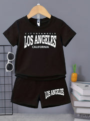 2pcs Boys Casual Short Sleeve Suit Comfy LOS ANGELES Letter Print T shirt&shorts