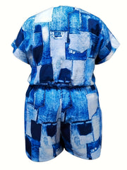 Denim Print Short Sleeve Surplice Neck Romper