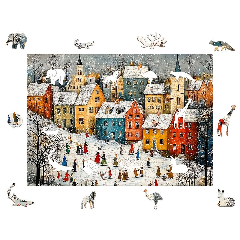 Colorful Winter Village Scene Wooden Jigsaw Puzzle Animal Shapes