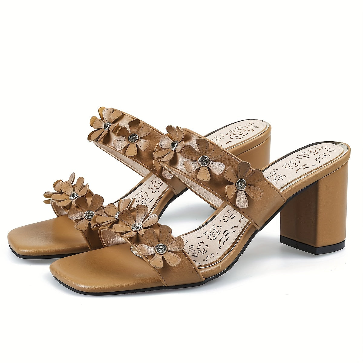 Floral Square Toe High Heel Sandals Two Bands Slip On