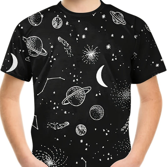 Galaxy Doodle Print Boy's T-shirt Kids Casual Breathable Summer Top