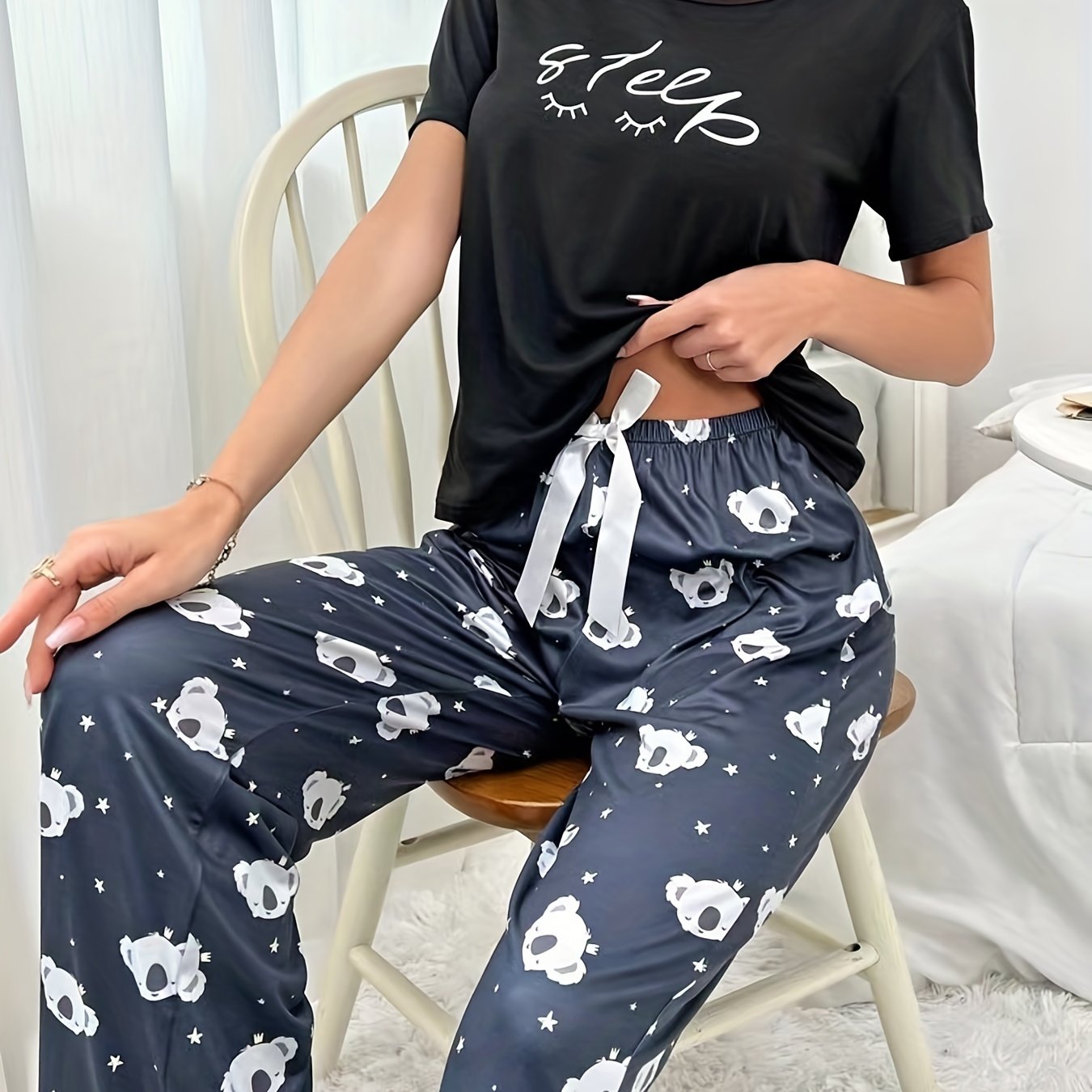 Koala Print Pajama Set Short Sleeve Top & Pants Women's Sleepwear