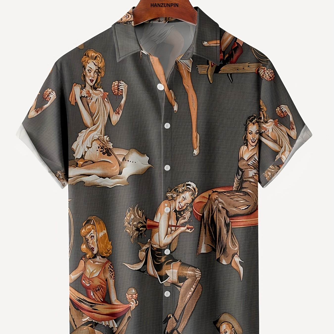 Retro Style Beauty Print Men s Casual Short Sleeve Hawaiian Shirt