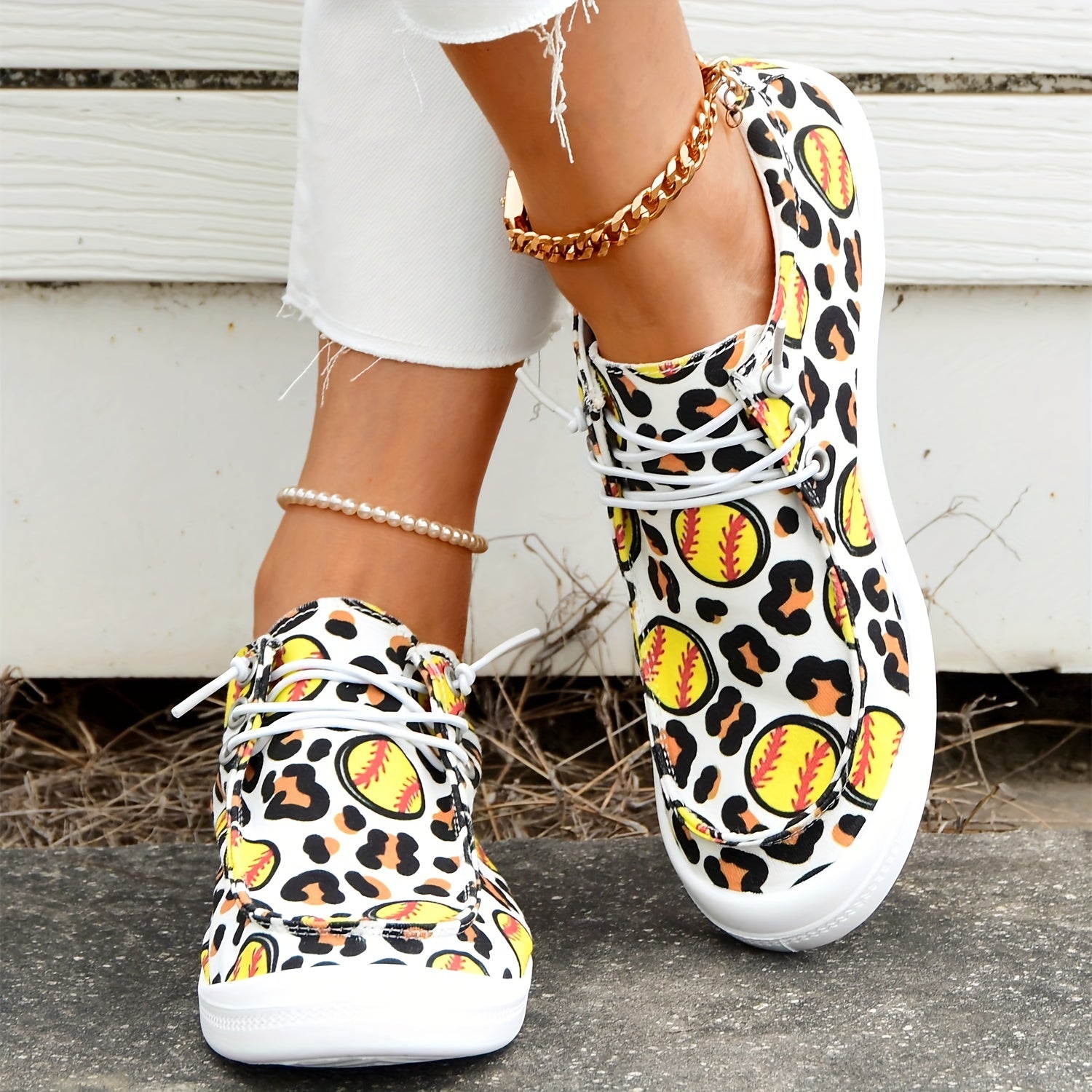 Leopard Baseball Print Flat Walking Shoes Women's Flat Canvas Shoes