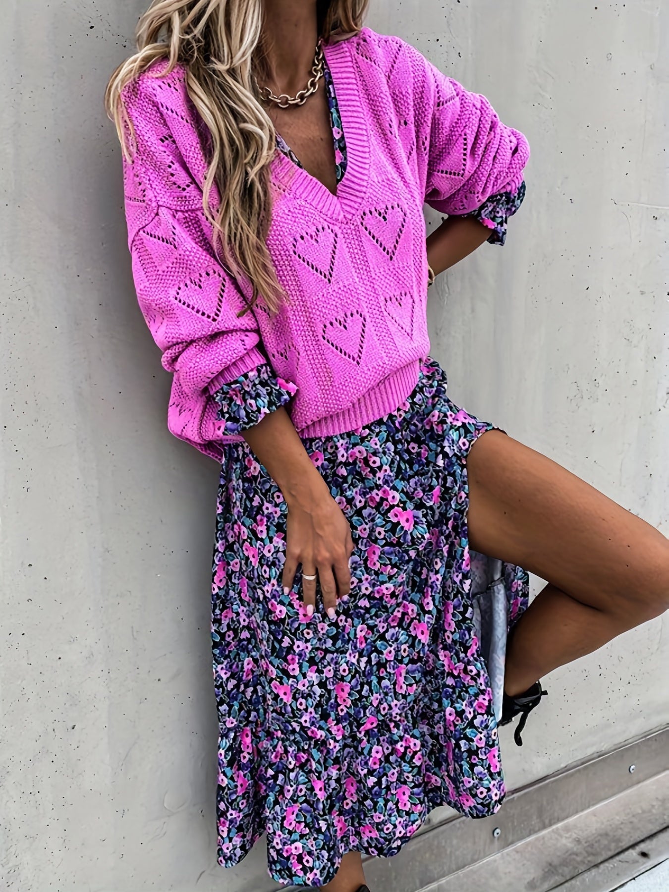 Heart Pattern Cut Out V Neck Sweater Casual Long Sleeve Sweater