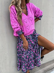 Heart Pattern Cut Out V Neck Sweater Casual Long Sleeve Sweater