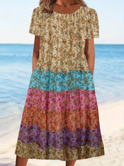 Colorblock Floral Print Round Neck Dress With Pockets