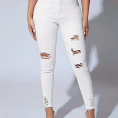 Stretch High-Waist Skinny Jeans Ripped Distressed Ankle-length Denim Pants