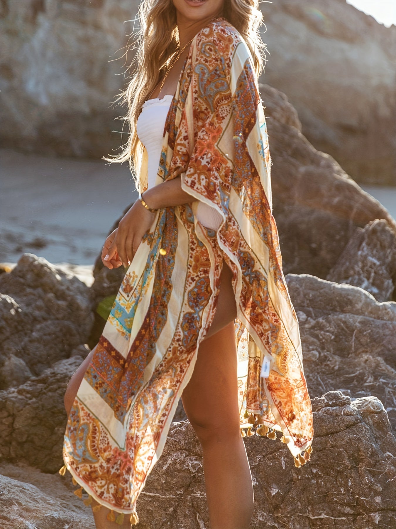 Tassel Decor Cover Up Shirt V Neck Loose Fit Semi Sheer Beach Robes